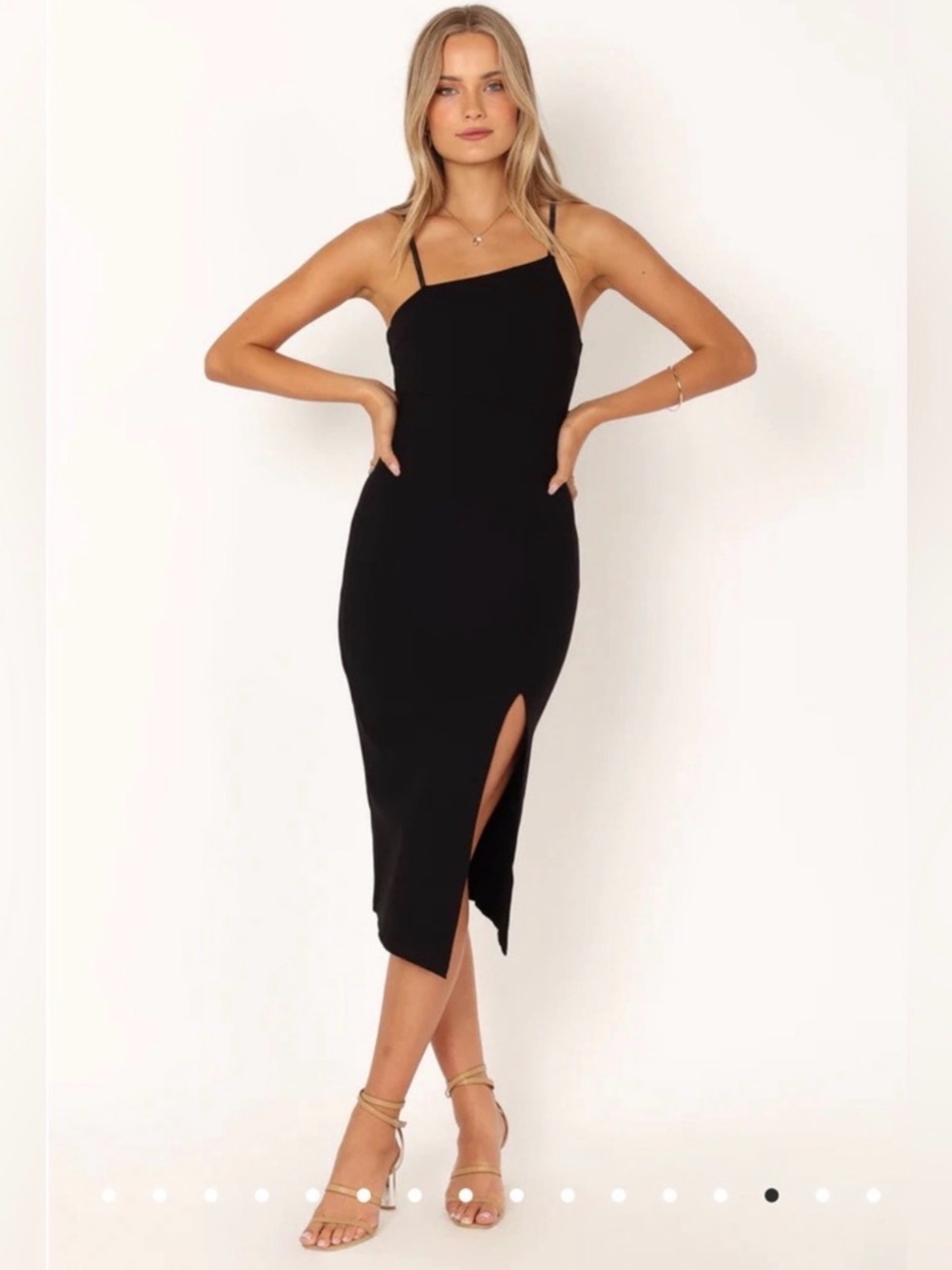 Petal & Pup Black Asymmetric Strappy Midi Dress with Side Slit
